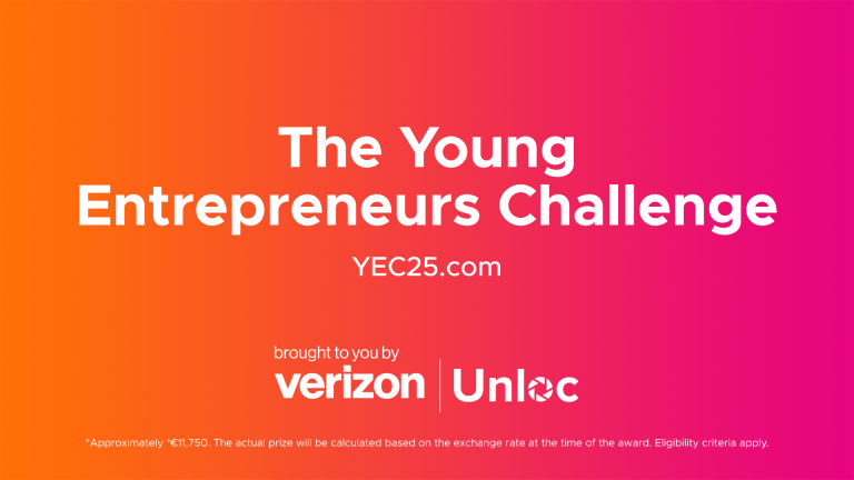 Text reads: “The Young Entrepreneurs Challenge YEC25.com. Brought to you by Verizon and Unloc.” Small print notes prize value and eligibility criteria. Background is a pink-orange gradient.