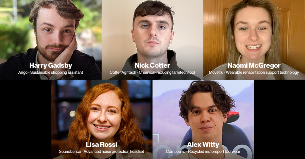 Five young adults, each labelled with their name and tech innovation, appear in separate frames against various indoor backgrounds.