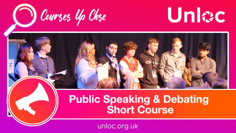A group of young people stand on stage speaking into microphones at a public speaking and debating short course event by Unloc.