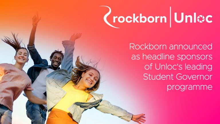 Three smiling young people jumping with arms raised in front of a pink and orange gradient background. Text announces Rockborn as headline sponsors of Unloc’s Student Governor programme.
