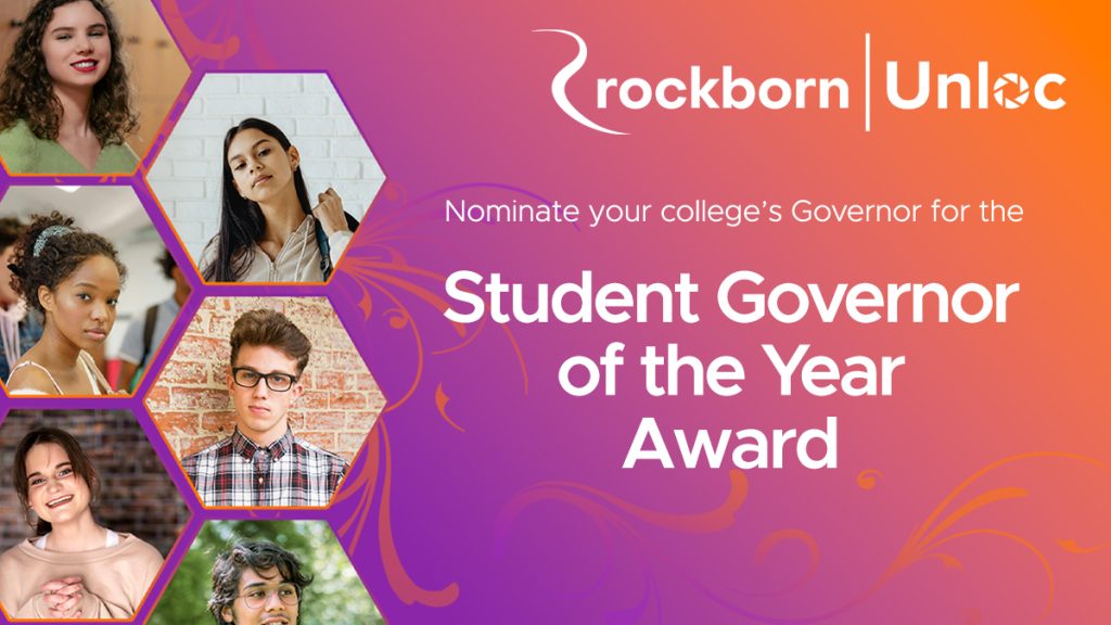 A promotional graphic for the Student Governor of the Year Award with photos of diverse students and the text: Nominate your college’s Governor for the Student Governor of the Year Award.
