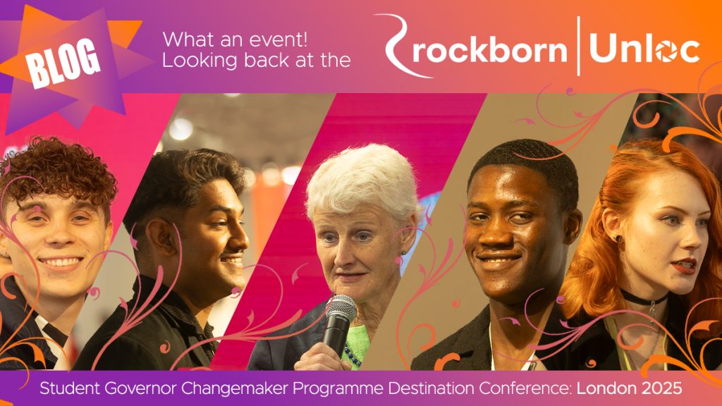 Five people of diverse ages and backgrounds speak and listen at the Rockborn Unloc Student Governor Changemaker Programme Destination Conference in London, 2025.