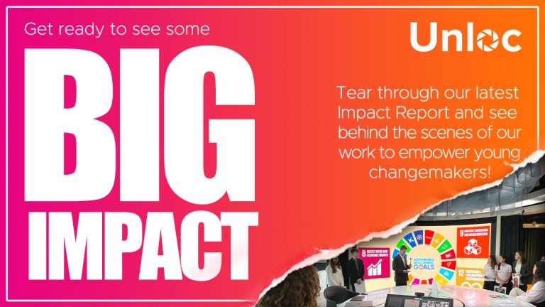 A promotional graphic for Unloc featuring large text reading “BIG IMPACT” and people presenting in front of UN Sustainable Development Goals posters.