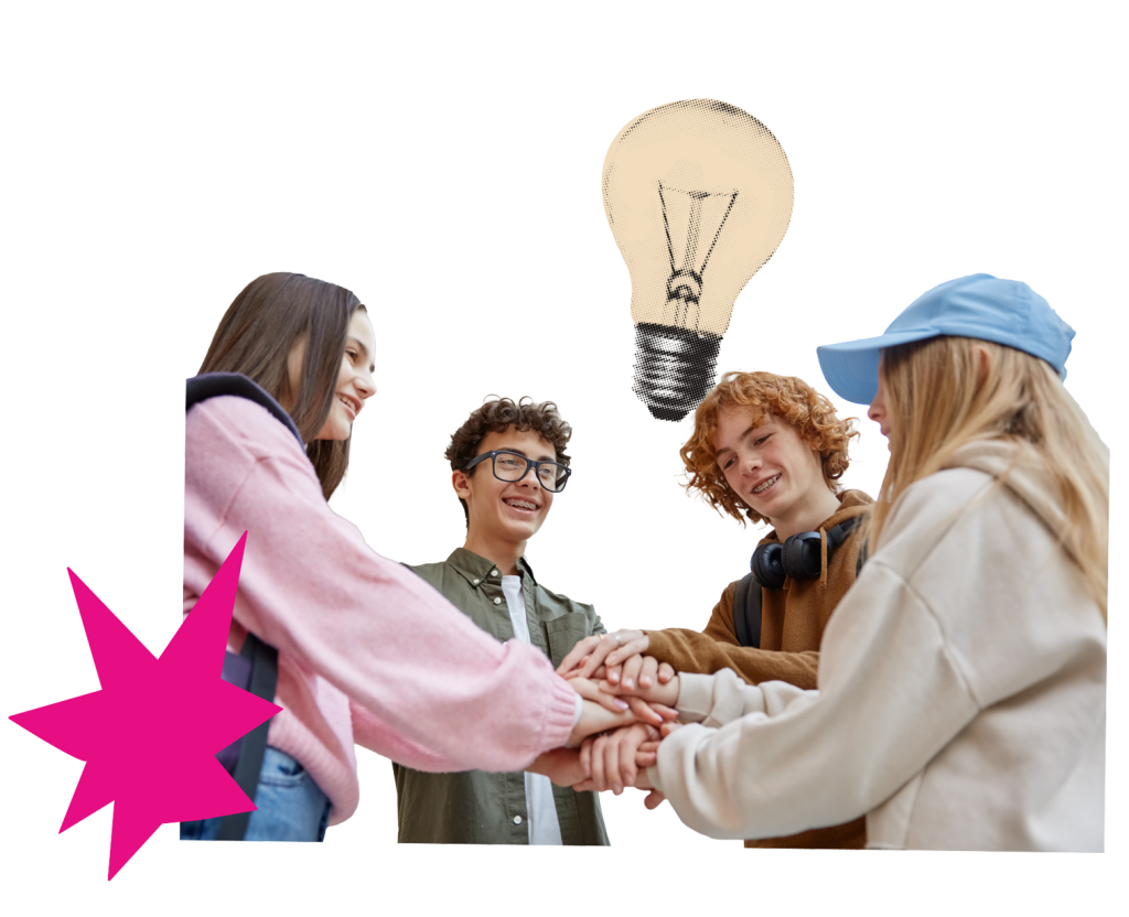 Four young people stand in a circle stacking hands, smiling, with a large illustration of a lightbulb above them and a pink star graphic in the corner.