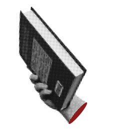 A hand holding a closed book is illustrated in a halftone pattern, with the sleeve edge highlighted in red.