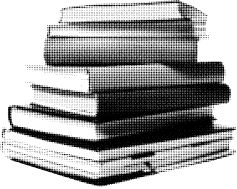 A stack of six books, illustrated in a black and white halftone style, is shown in the image.
