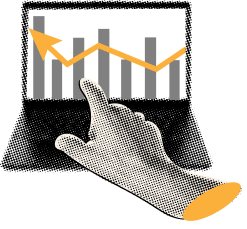 A hand points to a laptop screen displaying a bar chart with a yellow upward trend line.
