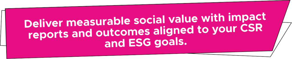 Text on a pink banner reads: Deliver measurable social value with impact reports and outcomes aligned to your CSR and ESG goals.