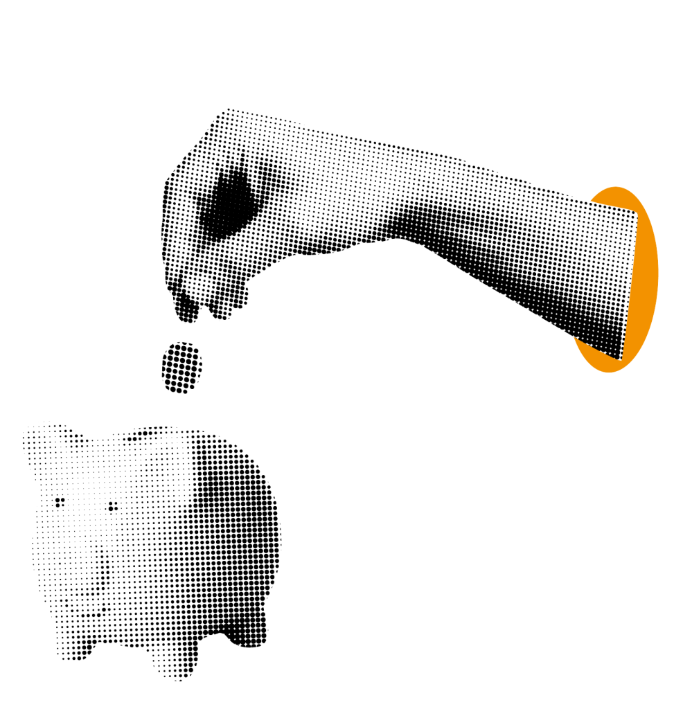 A stylised, dotted image of a hand dropping a coin into a piggy bank, with the arm emerging from an orange oval.