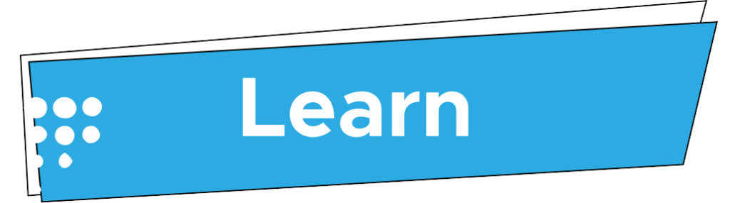 A blue banner with the word Learn in bold white text and a pattern of white dots on the left side.
