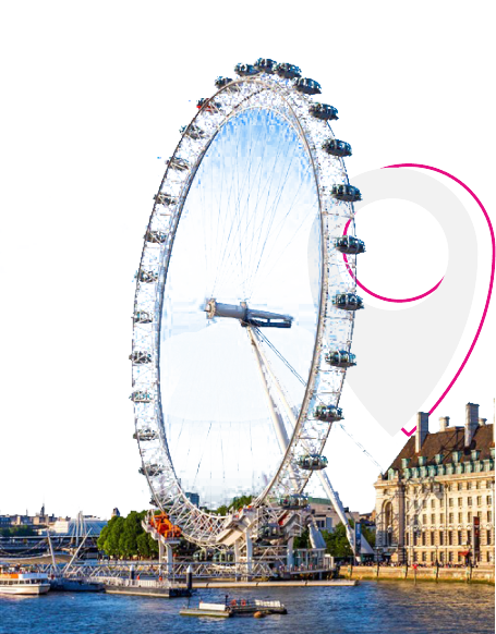 The London Eye ferris wheel stands by the River Thames with nearby buildings and boats visible in the foreground.