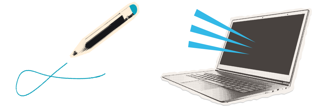 A stylised pen draws a blue line on the left, whilst blue lines emerge from the screen of an open laptop on the right.