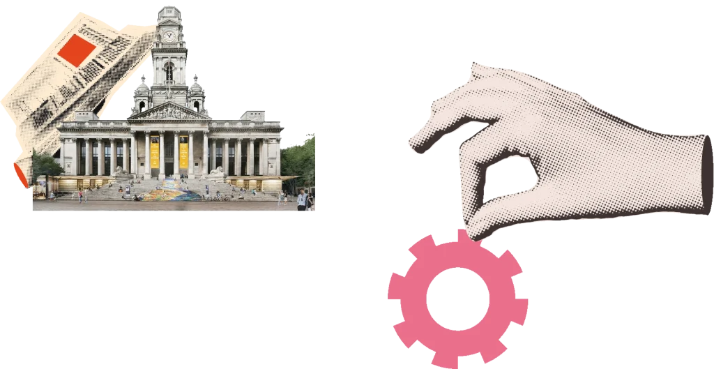 A collage showing a classical building with letters beside it on the left, and a hand holding a pink cog on the right, against a plain background.