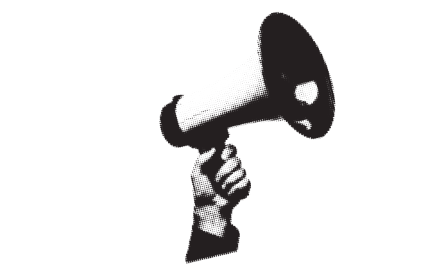 A stylised illustration of a hand holding a megaphone, with faint white stars in the background.