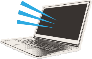 Illustration of a laptop with three blue rays coming out from its screen, suggesting sound or signals being emitted.