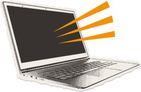 Illustration of a laptop with three orange lines coming from the screen, suggesting sound or communication.