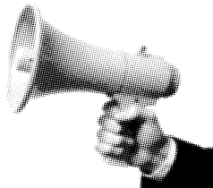 A hand holding a megaphone, illustrated in a black-and-white halftone style.