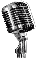 Black and white illustration of a vintage-style microphone on a stand, viewed from a slight angle.