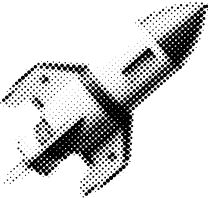 Black and white halftone illustration of a rocket ship launching upwards, with visible fins and exhaust flames at the bottom.