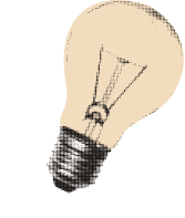 A simple illustration of a light bulb with a beige glow, showing visible filament and base, with light rays depicted around it.
