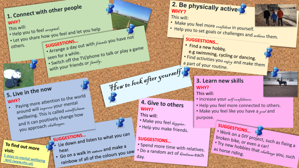 A noticeboard displays six colourful notes listing tips for self-care, including connecting with others, staying active, learning new skills, giving to others, being mindful, and more.