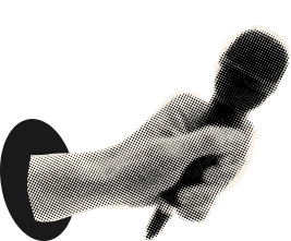 A stylised, halftone illustration of a hand extending through a circular opening and holding a microphone.