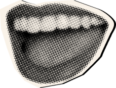 Halftone-style illustration of an open mouth showing upper teeth, rendered in black and white dots with a bold outline.