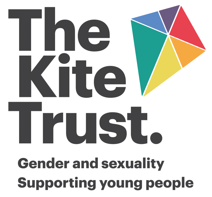 Logo for The Kite Trust featuring a colourful kite and the tagline: Gender and sexuality. Supporting young people.