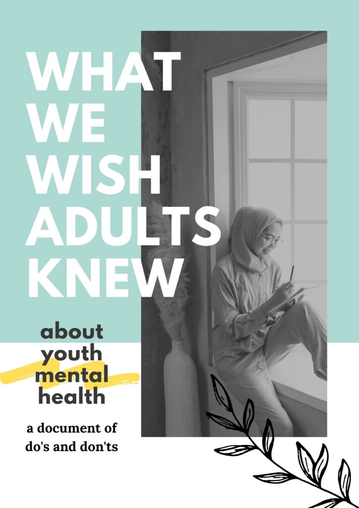 A young person wearing a headscarf sits on a windowsill writing in a notebook, alongside text about youth mental health and what adults should know.