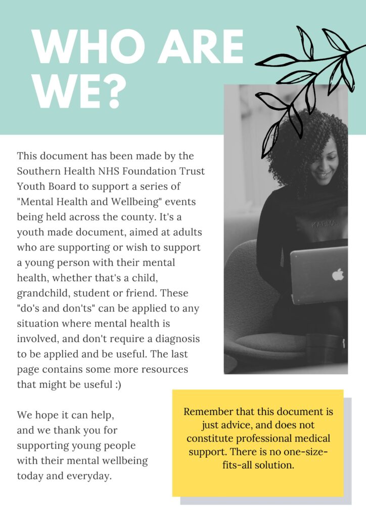 A flyer titled Who Are We? explains a mental health information document, with a note clarifying it is not professional medical advice. A woman is pictured smiling at a laptop.