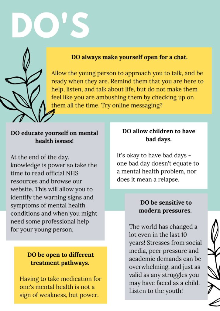 An infographic titled DOs lists advice for mental health support, including being open to talk, educating yourself, allowing bad days, exploring treatment, and being sensitive to modern pressures.