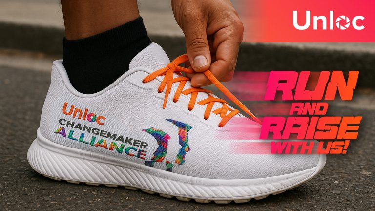 A person ties the orange laces of a white trainer with colourful Unloc Changemaker Alliance branding and the text RUN AND RAISE WITH US! displayed beside it.