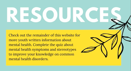 A graphic with the word RESOURCES and text about mental health information and a quiz, alongside a black branch illustration on a yellow background.