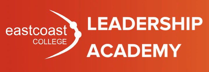East Coast College Leadership Academy logo on a red gradient background with white text and a curved design element.