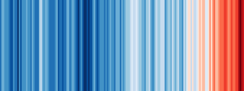 Vertical stripes transition from dark blue on the left to red on the right, representing a visual shift in data, commonly used to depict climate change over time.
