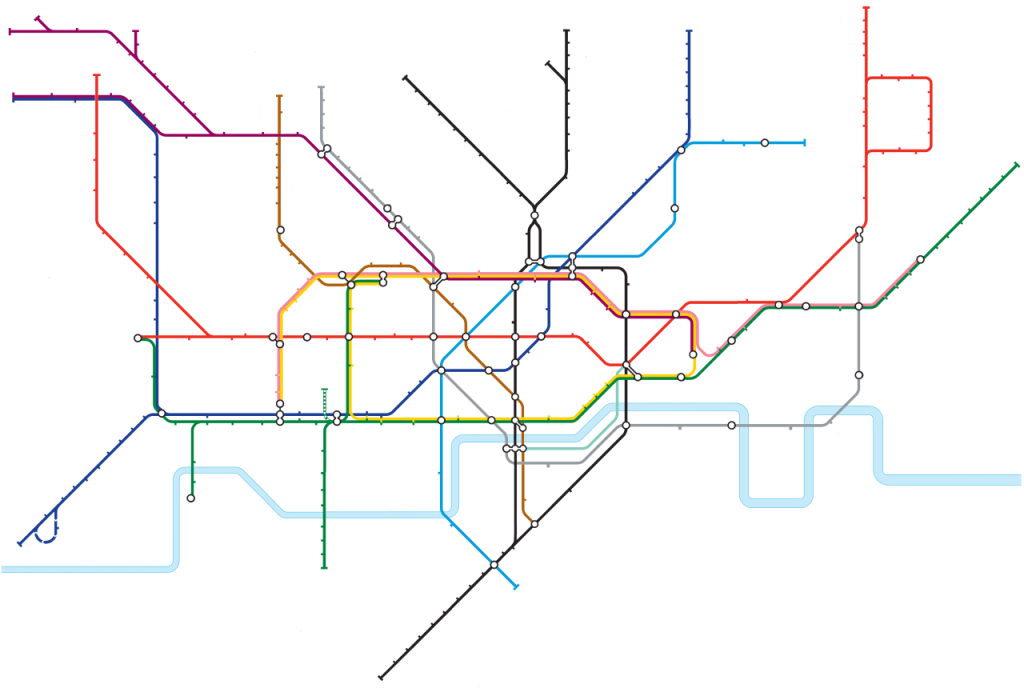 Diagram of a multicoloured underground or tube map with intersecting lines and several interchange stations, displayed on a white background.