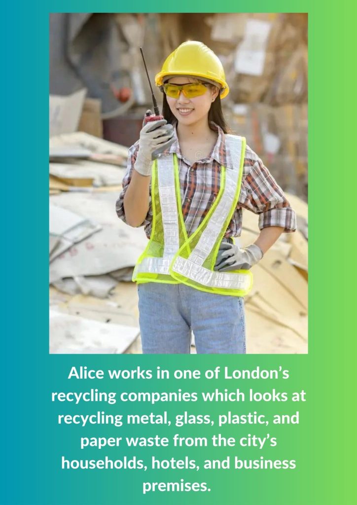A woman in a high-visibility vest and hard hat holds a walkie-talkie, standing in a recycling facility with piles of sorted materials in the background.