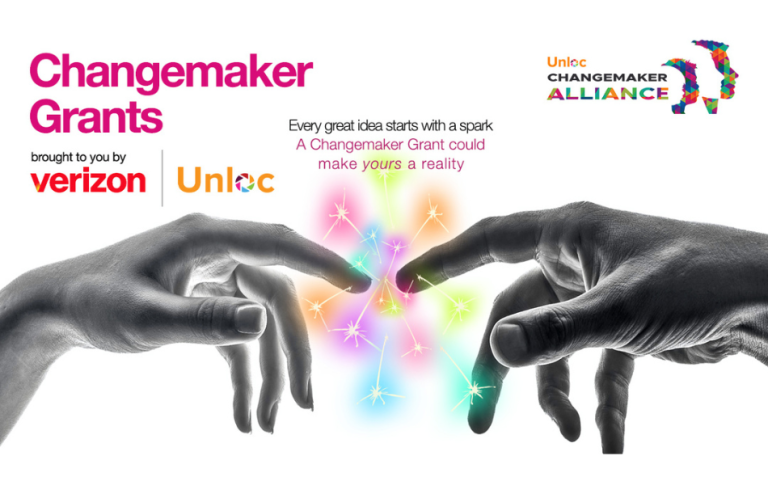 Two hands with glowing, colourful sparks between their fingers; text promotes Changemaker Grants by Verizon and Unloc, with alliance and grant details included.
