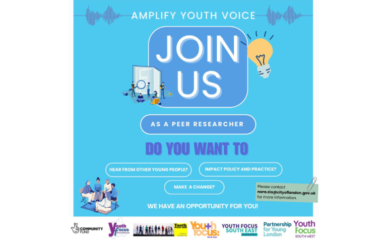 A recruitment poster titled “Amplify Youth Voice: Join Us as a Peer Researcher,” listing goals like hearing from young people and making a change, with contact info and partner logos at the bottom.