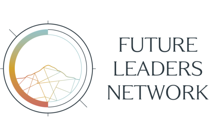 A circular abstract line graph in muted colours sits next to the text Future Leaders Network in a modern, serif font on a white background.
