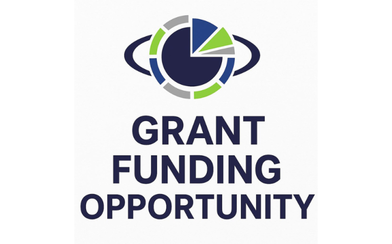 A blue, green, and grey pie chart graphic is above the bold text GRANT FUNDING OPPORTUNITY on a white background.