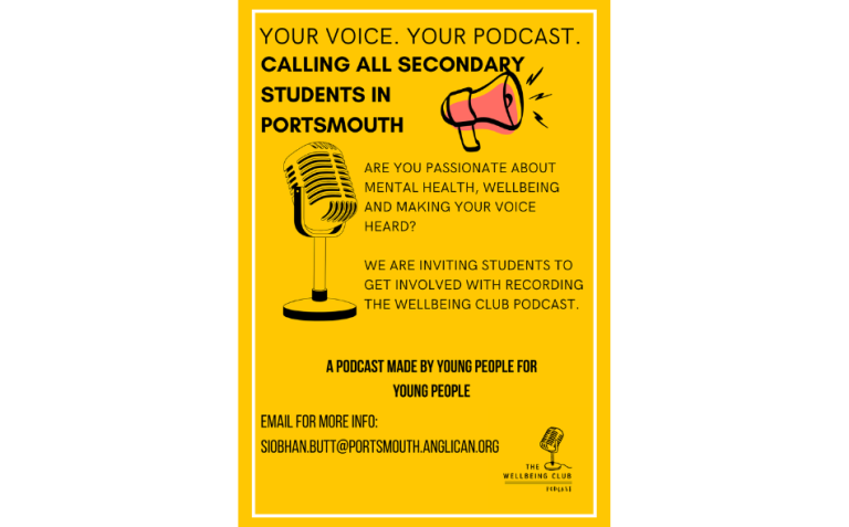 Yellow poster inviting Portsmouth secondary pupils to join a podcast about mental health and wellbeing, with contact email and images of a megaphone and microphone.