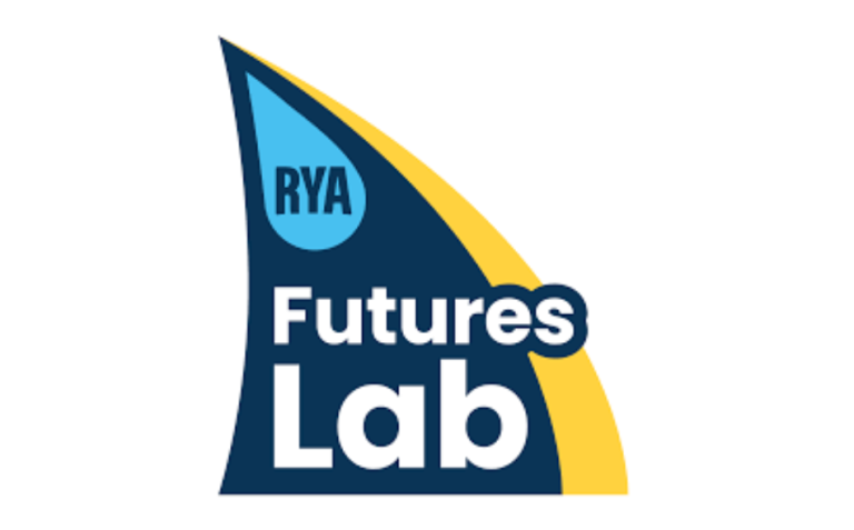 The RYA Futures Lab logo featuring a blue and yellow stylised sail shape with the text RYA Futures Lab on it.