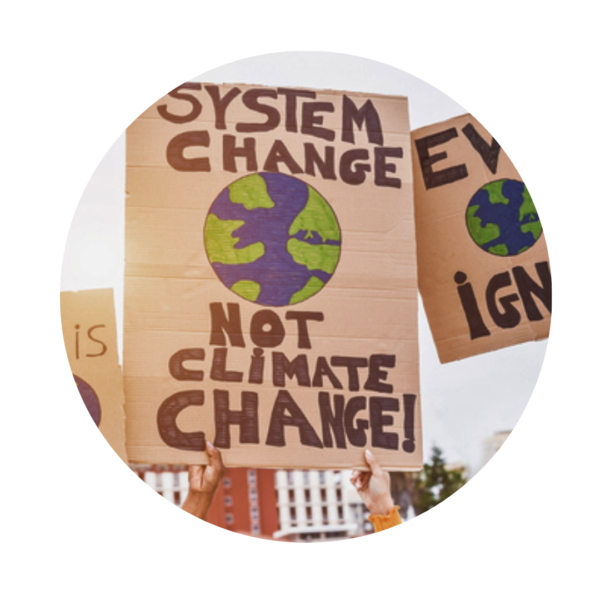 A protest sign with a drawing of Earth reads, System change not climate change, held up against a cityscape background.