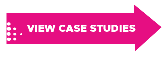 A pink right-pointing arrow with white text that reads VIEW CASE STUDIES, small white dots on the left edge, highlighting School and College Programmes.