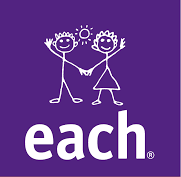 Two stick-figure children holding hands under a sun, above the word each on a purple background.