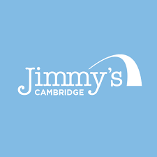 Logo for Jimmys Cambridge on a light blue background, with white text and an arched line over the letter y in Jimmys.