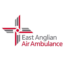 East Anglian Air Ambulance logo with a red and grey cross design to the left of the organisation's name in grey and red text on a white background.