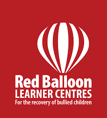 Red Balloon Learner Centres logo with a white balloon graphic and the text “For the recovery of bullied children” on a red background.
