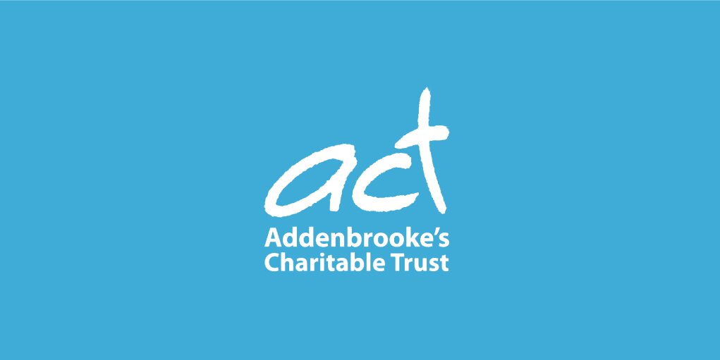 The image shows the logo of Addenbrooke’s Charitable Trust with a blue background and act written in large white letters above the full name.